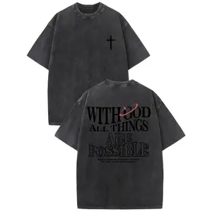 Men's vintage washed cotton T-shirt with the design 'With God all things are possible' from Matthew 26:41, loose fit short-sleeve shirt, black with white lettering, casual attire, high-quality fabric