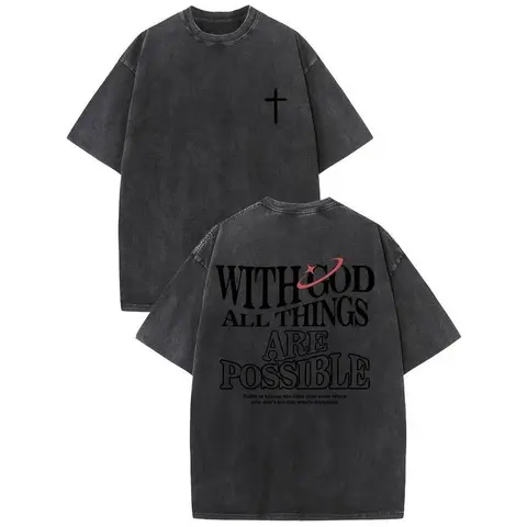 Women's Soft Retro Graphic T-Shirt - Unisex Washed Cotton Streetwear Tee, Casual Pull-On Round Neck Short-Sleeve Sporty Top, Breathable Baggy Loose Fit, 'With God All Things Are Possible' Quote, Vintage Athletic Gym Clothes, Easter