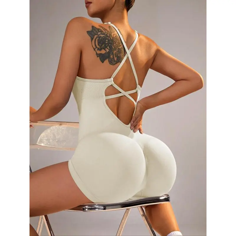 Criss Cross Backless Rompers for Women, Stretch Knitting Bodycon Jumpsuit with Padded Cami Top, Scrunch Butt and Tummy Control for Yoga, Jumpsuits For Women, Sporty Chic, Athletic, Fitted, Breathable, Solid, Workout Romper Overalls Shorts, Gym Workout App