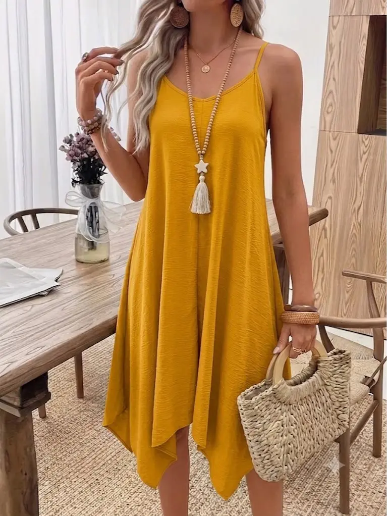 WCQ women’s vintage V-neck lightweight dress with thin straps and an asymmetrical design, mid-length, minimalist style with a natural drape, jumpsuit-inspired wide-leg loose fit, breathable, with pockets, suitable for the beach, birthday events, and casua