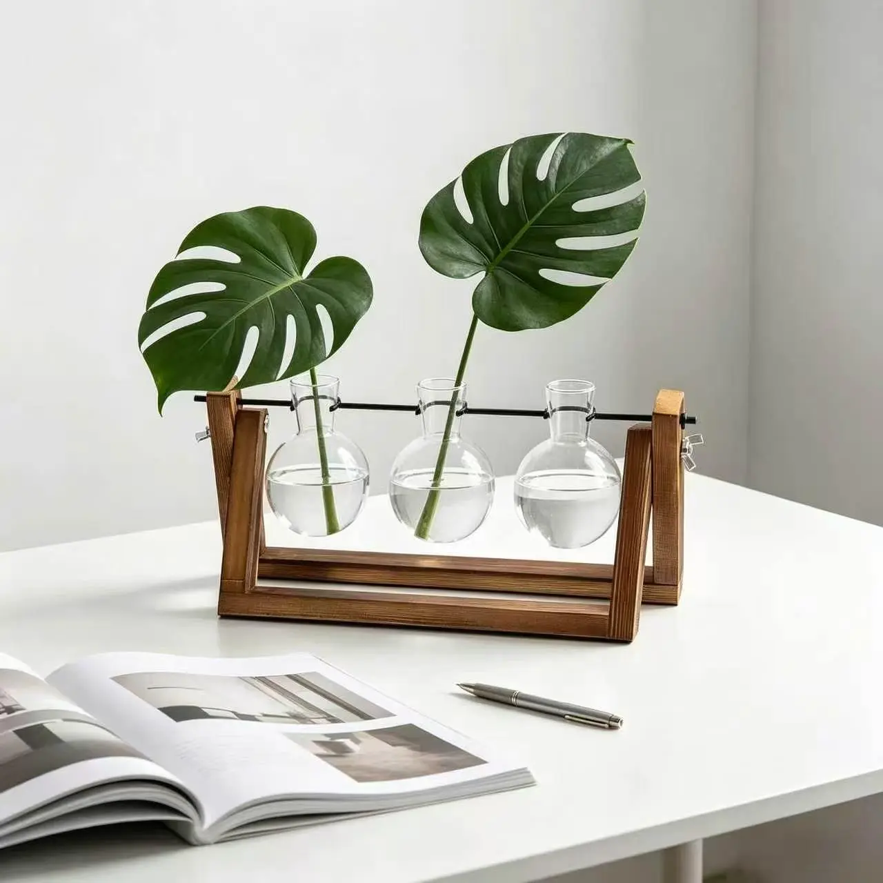 3 Bulbs Plant Propagation Station Retro Wooden Stand Desktop Glass Terrarium Home Decor Gift,Plant Terrarium for Indoor Plants, Home Office Desk Decor,Gifts for Plants Lovers