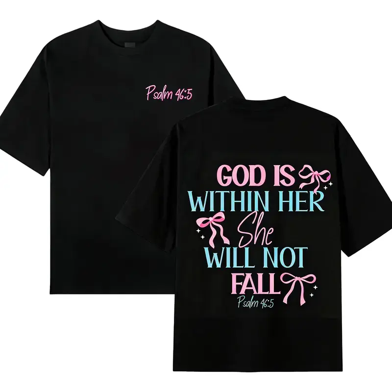 Women's Oversized Shortsleeve Faith-Based Fashion T-Shirt - 180g Washed Cotton Retro Vintage Relaxed Drop Loose-Fit Unisex Streetwear Top, Dual-Sided "GOD IS WITHIN HER SHE WILL NOT FALL" & Psalm 46:5 Inspirational Spring Summer Casual Wear, Casual Street