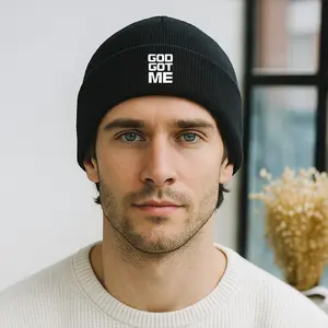 Black Knit Beanie Hat with GOD GOT ME Print - Religious Statement Winter Cap for Men and Women, Outdoor and Everyday Wear