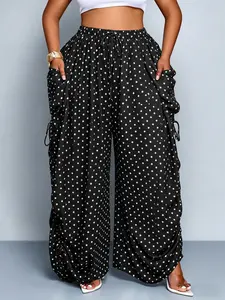 Plus Size Women's Base Polka Dot Wide Leg Pants, Elastic Waist Drawstring Large Pockets, Lazy Style Casual Pants
