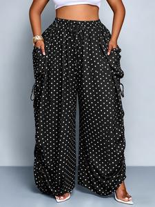 Plus Size Women's Base Polka Dot Wide Leg Pants, Elastic Waist Drawstring Large Pockets, Lazy Style Casual Pants
