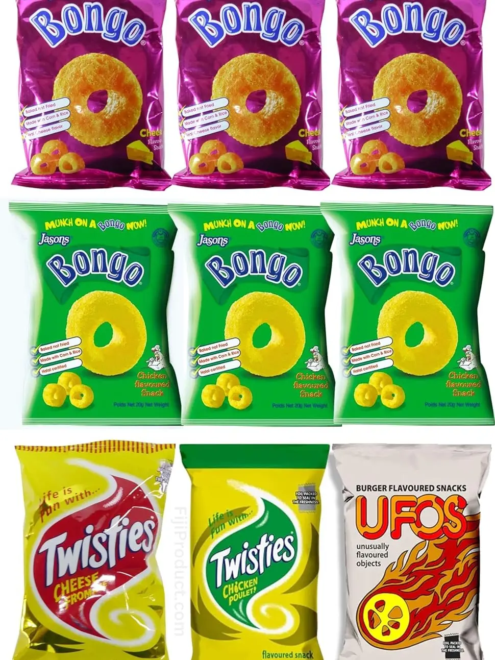 Variety Pack Snacks - Bongo, Twisties, Ufo's (Value Pack Of 9) Favorite Snack Of The Pacific Islanders Imported From FIJI