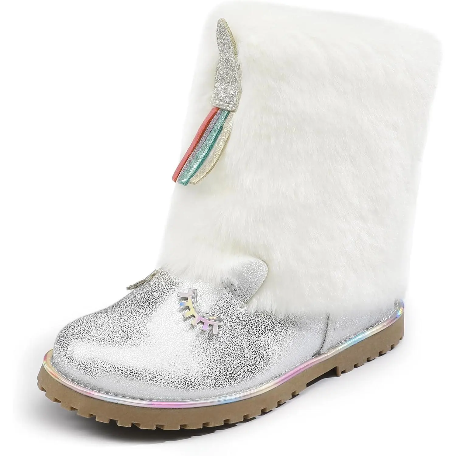 Toddler Girls' Unicorn Glitter Fuzzy Warm Winter Snow Boots with Side Zipper (Festive Party Gift)
