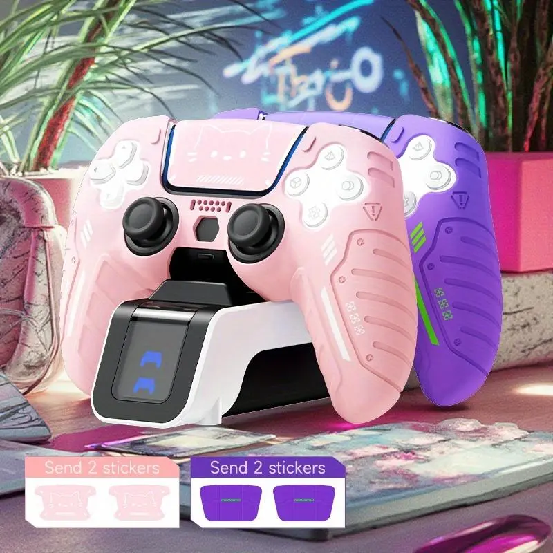 Multifunctional Game Controller Charging Base with 2 Silicone Protective Case & Stickers, Anti-slip Game Controller Protective Case Set, Console Accessories for PS5