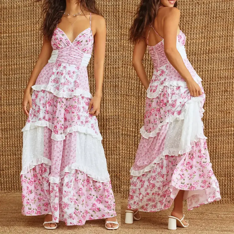 Women's Casual Summer Lace Patchwork Dress Puffy Short Halter Neck Smocked Tiered Ruffle Dresses