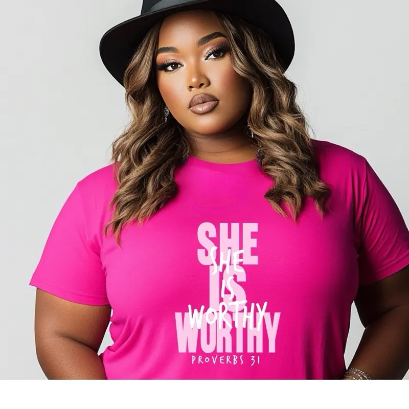 Women's Christian Statement Tee - 'She is Worthy' Proverbs 31 Digital Print, Breathable Soft Cotton Blend, Casual Short-Sleeve Round Neck Everyday Top, Gifting To Daughters