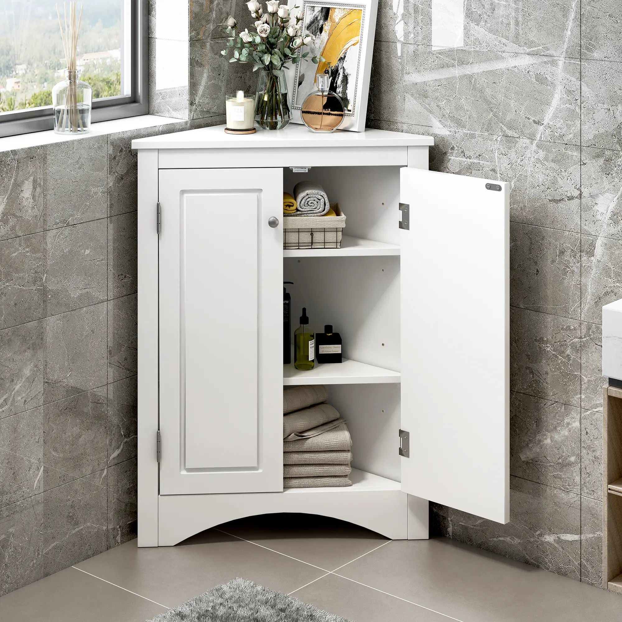 Corner Bathroom Cabinet Small Floor Bathroom Cabinet with 2 Doors and 2 Tier Adjustable Shelves Short Tiangle Storage Cabinets for Bathroom, Living Room
