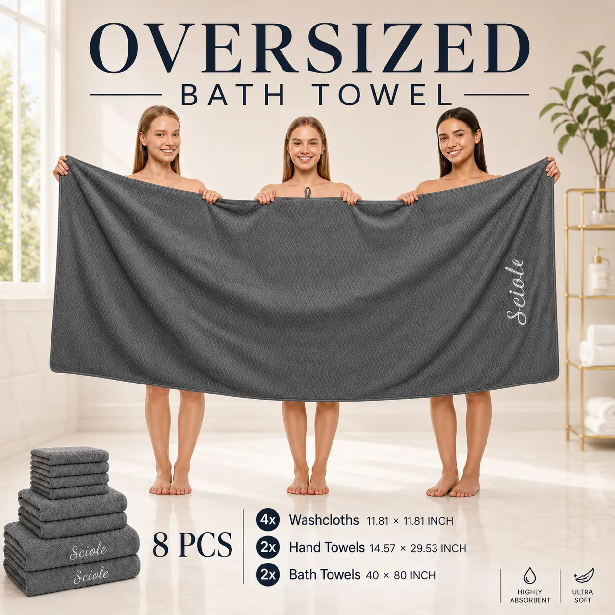 8-piece Extra Large Bath Towel Set, made of ultra-soft premium microfiber fabric, super absorbent and quick drying. Perfect for bathroom, spa, gym, hotel and more occasions.Sizes: 2 pcs 40*80 inches, 2 pcs 14.57*29.53 inches, 4 pcs 11.81*11.81 inches