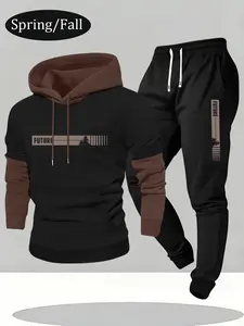 2-piece autumn and winter new men's clashing long-sleeved hooded sweatshirt with pockets monogrammed print elastic waist drawstring trousers casual sports travel holiday fitness running suit