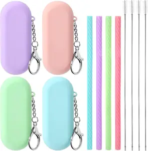 4 Sets Cruise Ship Essentials,4 Set Silicone Straws with Case Reusable Silicone Portable Drinking Straw Set for Party Travel Cold or Hot with 4 Carry Case, 4 Cleaning Brushes (Classic Color)
