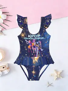 Trendy Korean Style Girls' Swimsuit, Deep Blue Star Element Quick-Dry Hemline Swimwear, Casual Sleeveless All over Print Bathing Suit