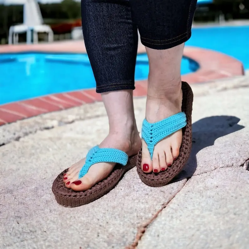 Turquoise Sandals Slip On Boho Flip Flops Pool Thong Slippers, Ocean Breeze Crochet Stylish Handmade Sandal Summer Comfort Lightweight Clog