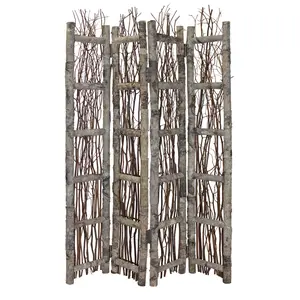 360 Stand 4-Panel Solid Wood Room Divider Furniture - Earthy Birch & Twig Design, Brown Finish, Natural Look for Interior Spaces