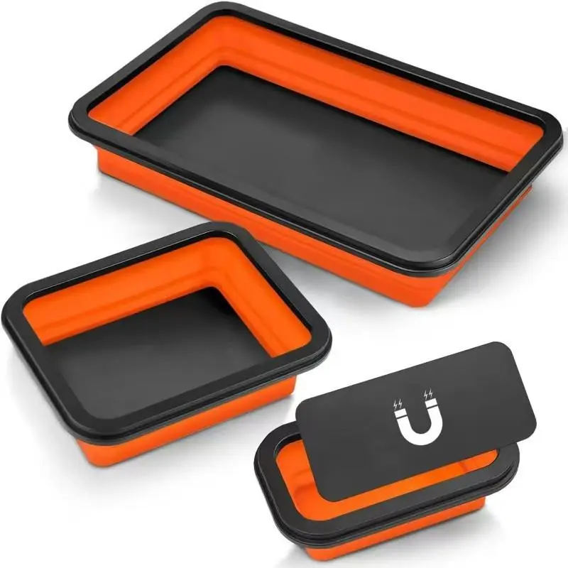 Foldable Magnetic Silicone Tray, 3 Counts/set Rectangular Magnetic Part Tray, Magnetic Storage Tray, Tool Organizer for Home & Office, Collapsible Storage Organizer, Collapsible Storage Bins, Collapsible Organizers, Multifunctional Storage Solution