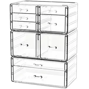 Clear Stackable Storage Drawers,Plastic Makeup Organizer and Bathroom Storage Bins WIth 9 Drawers For Make up,,Craft,Pen,Beauty and Office  Organizer