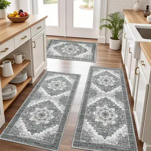 3-Piece Soft Non-Slip Bohemian Kitchen Rug Set, Washable Floor Mats, Low Height Kitchen Area Rugs, Ideal for Kitchen Laundry Room Hallway Decor