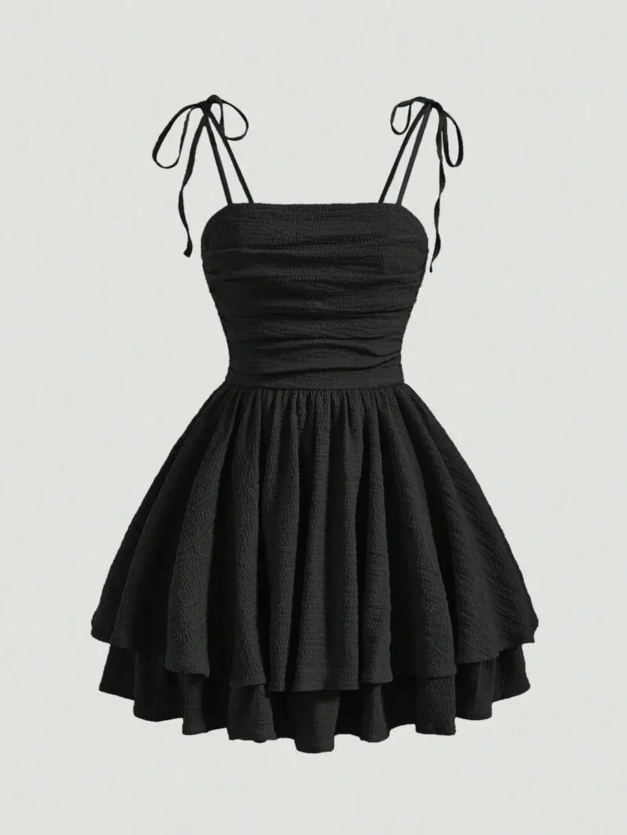 Tie Shoulder Ruched Cami Dress, Flowy Layered Summer Sundress, Vacation Date Night Outfit