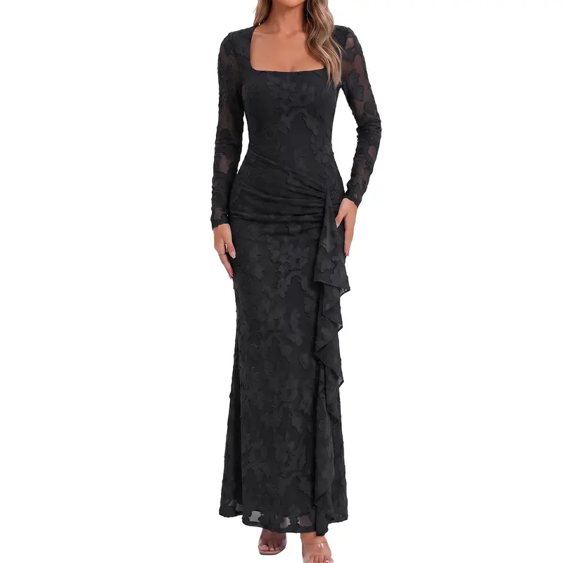 Kaximil Women's Elegant Square Neck Floral Embroidered Mesh Long Sleeve Maxi Dress, Fall Ruched Waist Ruffled Side Drape Slim Bodycon Gown, Formal Evening Cocktail Prom Party Wedding Guest Dresses, Black Friday Deals, Halloween Party Sexy Slim Fit Dress
