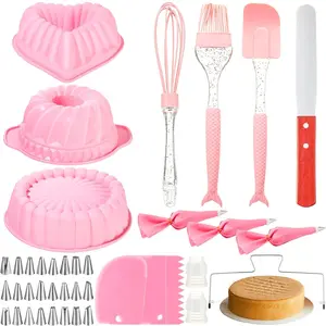 40 Pcs Silicone Cake Pan Baking Set, Pink Charlotte Cake Pan Silicone Heart Shaped Fluted Molds Piping Bags Tips Leveler Icing Spatula Scrapers Baking Supplies for Weddings Birthday Party