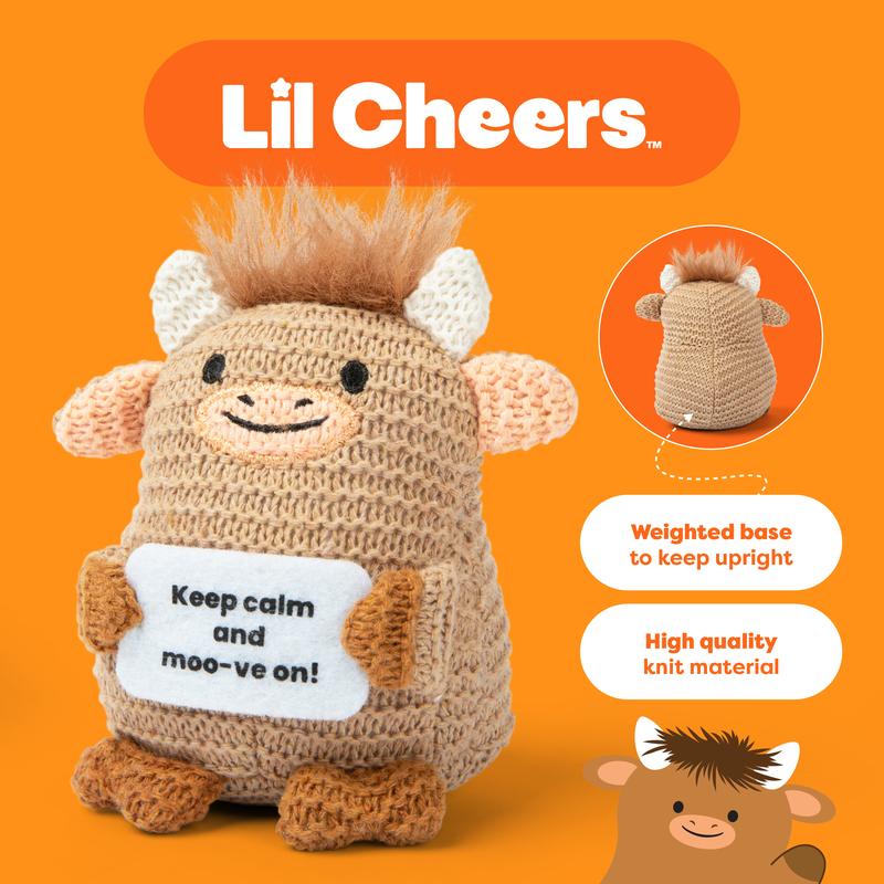 Lil Cheers Highland Cow Plush - Cute Valentines Day Gift with Positive Sign Cozy Crochet Style Desk Decor & Friendship Present