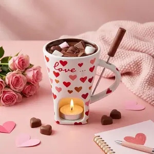 Heart Chocolate Fondue Mug with Fork and 3 Candles Sweet Ceramic Personal Chocolate Melting Cup Ideal Gifts for Couple Mom Birthday Date Night Wedding