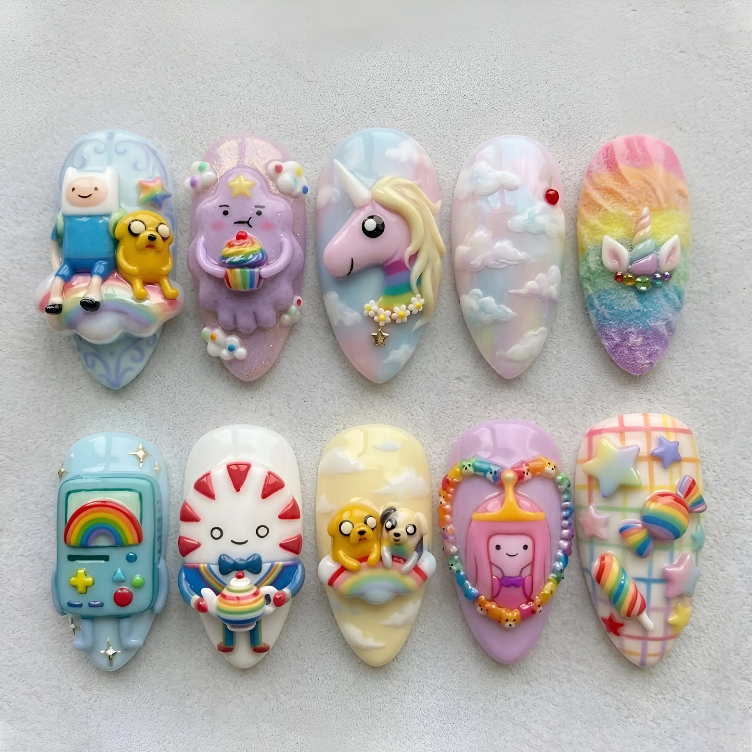 Fantasy J-Jaker & Hiss D-Dog Adventure Press-On Nails - 3D Multi Colored Rainbow Character Art Set for Summer, Vacation (Beauty & Personal Care Nail Decoration Accessory), Multi Colored Nails