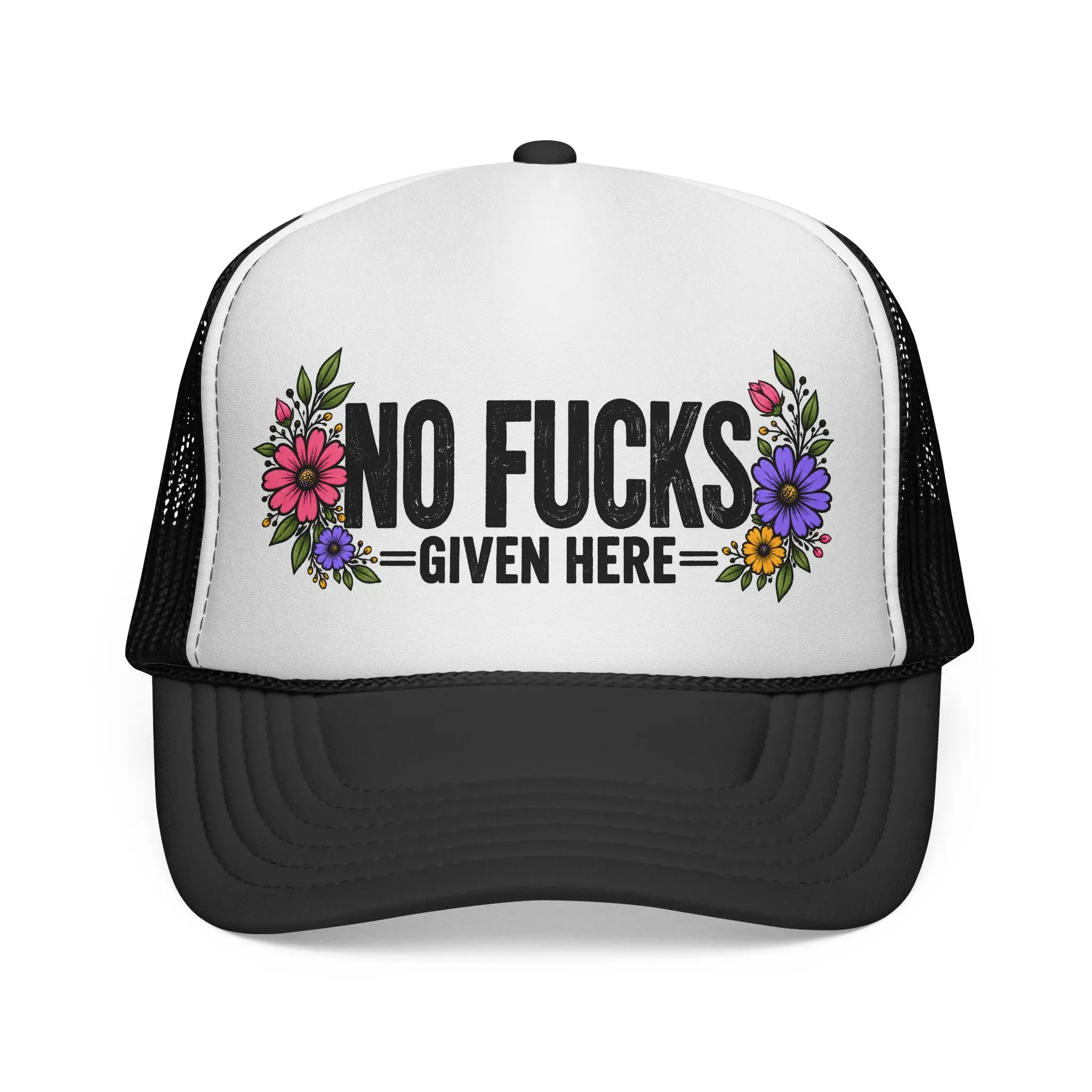 No Fucks Given Here Trucker Cap | Floral Graphic Meshback Hat/Bold/SassyWoman/unapologetic