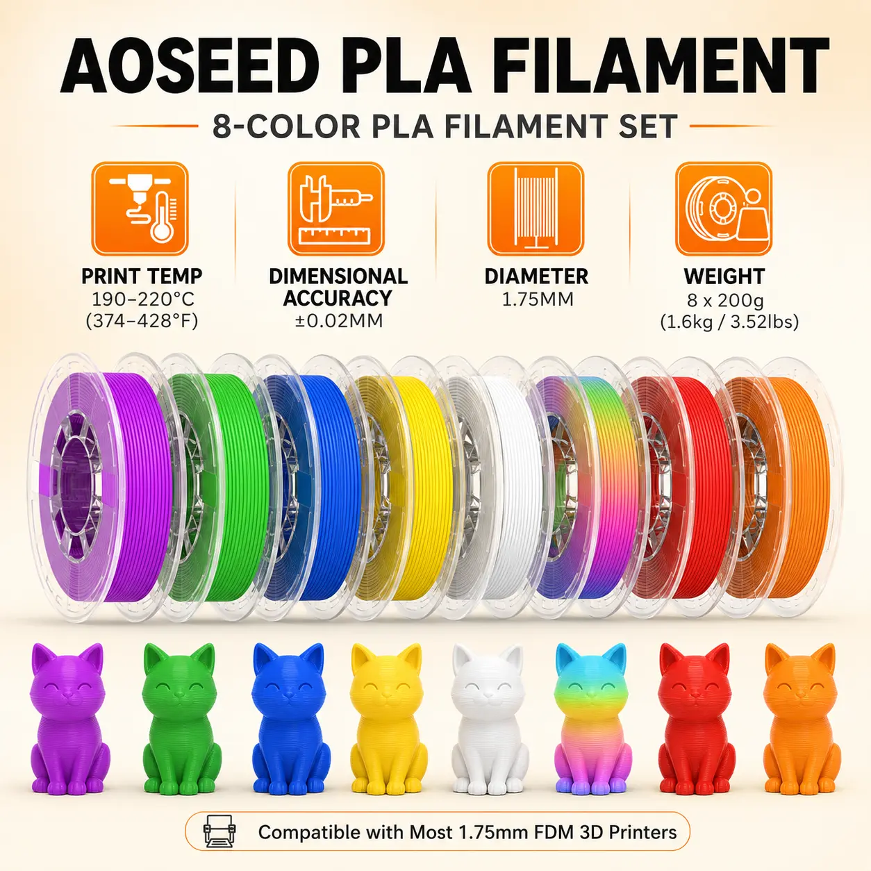 AOSEED 1.75mm PLA 3D Printer Filament,Child Safety Certification, Multi-Color Rainbow Refill Bundle Set, Compatible with Most 3D Printing Equipment