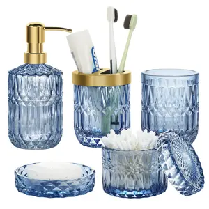 Blue Glass Bathroom Accessories Bundle, 5 Pack Bath Set with Soap Dispenser, Soap Dish, Toothbrush Holder, Tumbler, and Cotton Swab Jar