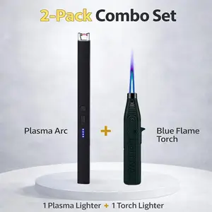2pcs Combo Lighters Set - USB Rechargeable Plasma Arc Lighter + Windproof Jet Torch Lighter, Safety Lock, for Candles, Bbq, Camping & Gifts (Butane Not Included)