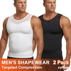 【2pcs】Men Compression Shapewear Tank Top Seamless Undershirts Bionic Targeted Tummy Support Eliminate Man Boobs X-Shape Back Stretch Posture Correction Breathable Mesh Fabric Basic Menswear for Special Events Business Dating Sports Gym, Holiday Gift