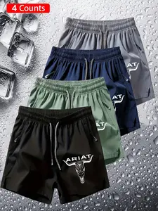 4-Pack Breathable Quick-Dry Shorts, Running Fitness Wear, Casual Sporty Style, Ariat Western Bull Print, Unisex Loose Fit, All Seasons
