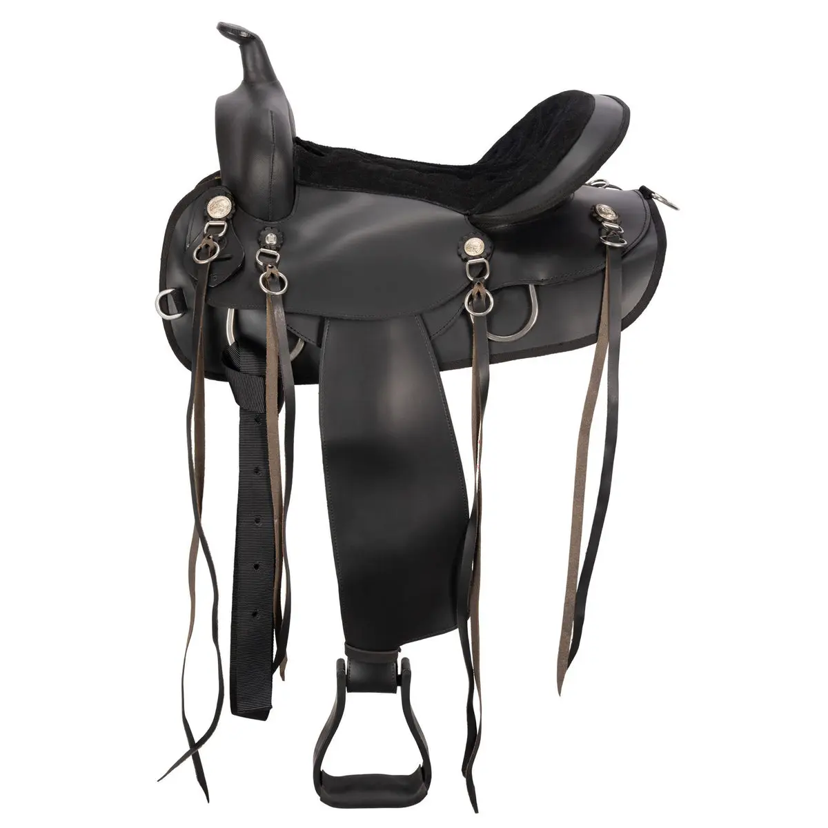 Synthetic Western Trail Saddle, Lightweight Round Skirt Design for Equestrian Trail Riding, with Padded Seat & Center Ring for Rugged Performance, Durability, Convenience, Western Equestrian