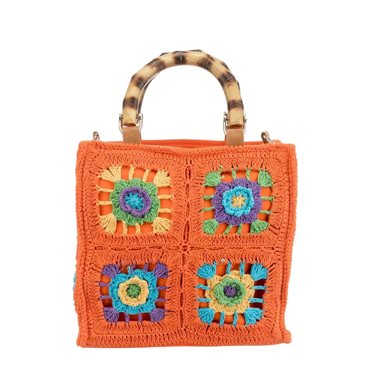 Alex.Max Crocheted Tote Bag for Women, Casual Granny Square Patchwork Handbag with a Bamboo-Style Top Handle, Multi-Carry Detachable Crossbody, Fashionable Bags