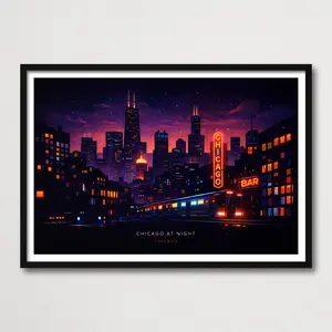 Chicago at Night Art Print - Neon Skyline Wall Decor, Modern Urban City Poster