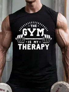 THE GYM IS MY THERAPY' Fitness Motivational Theme Black Sleeveless Tank Top | Workout Gym Top | Soft Breathable Fabric | Bold Fitness Aesthetic | Slim-Fit | Eye-Catching Barbell Print | Versatile Gym Wear | Perfect for Fitness Enthusiasts | Gymwear