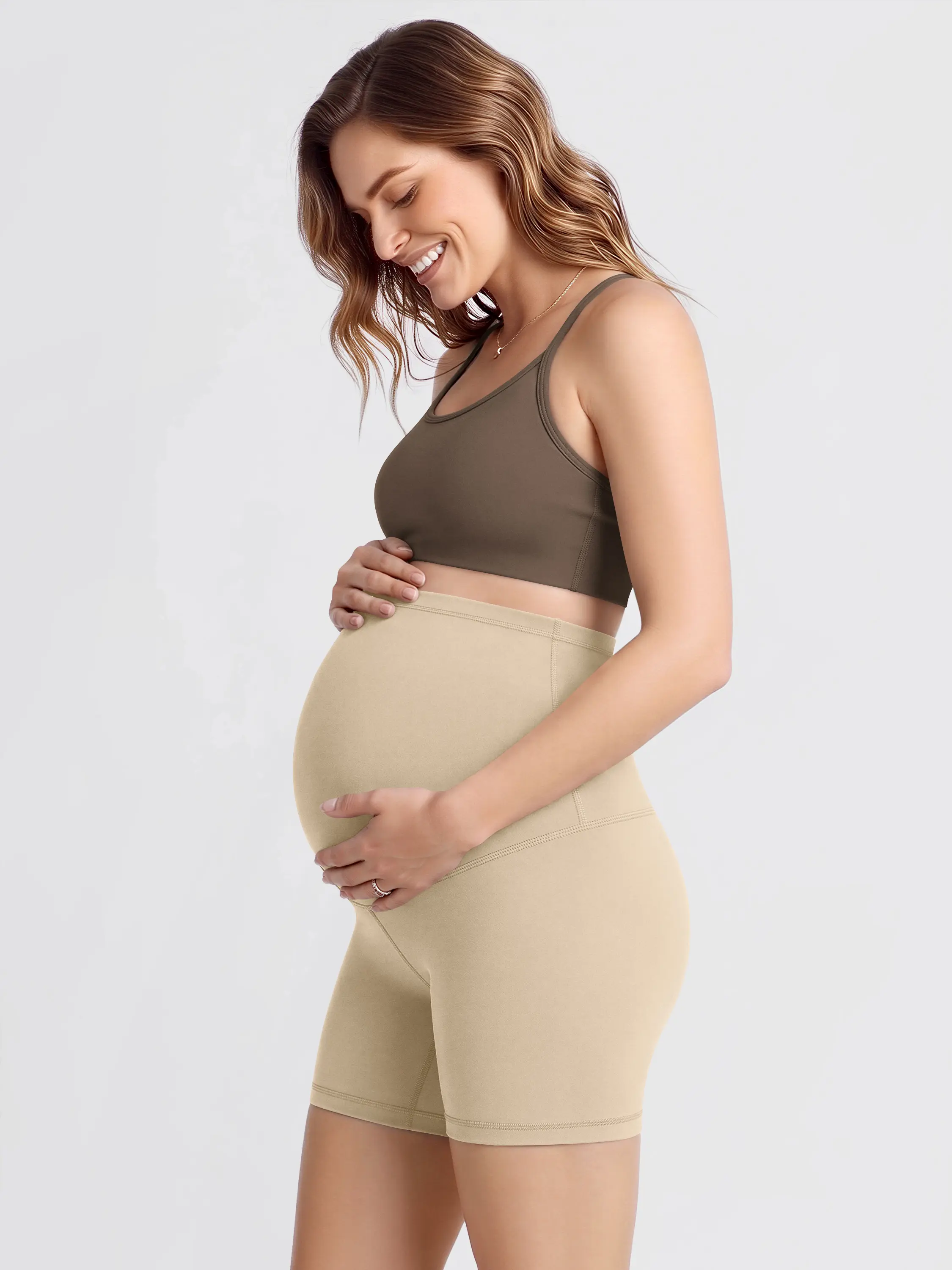 ODODOS Women's Maternity 5 in Biker Shorts - Buttery Soft, U-Shaped Waist, Full Support Over The Belly Pregnancy Lounge Yoga Shorts, Sleeveless, Casual Fit, Halter Neck, Maternity Supplies, Pregnancy Clothes