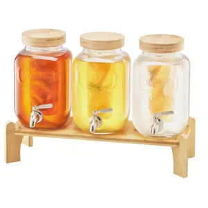 Beverage Dispenser, 3 Pack 1 Gallon Drink Dispensers for Parties, Glass Juice Dispenser with Wood Stand, Stainless Steel Spigot, Infuser, Iced Tea Lemonade Juice Water Dispensers for Parties