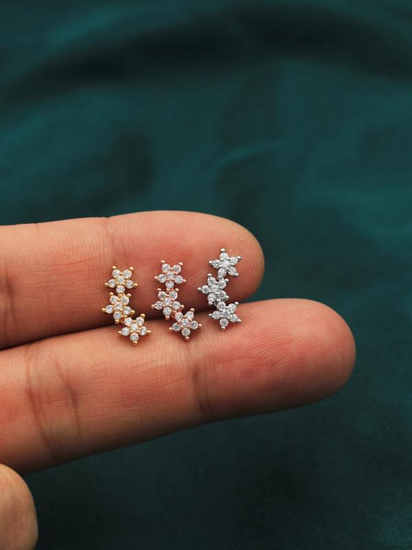 Women's 16 Gauge Cartilage Earrings Stud 3 Flower Cubic Zirconia Design, Hypoallergenic Stainless Steel Dainty Sparkly Daith Conch Tragus Helix Piercing Jewelry for Daily Wear & Party Ear Studs