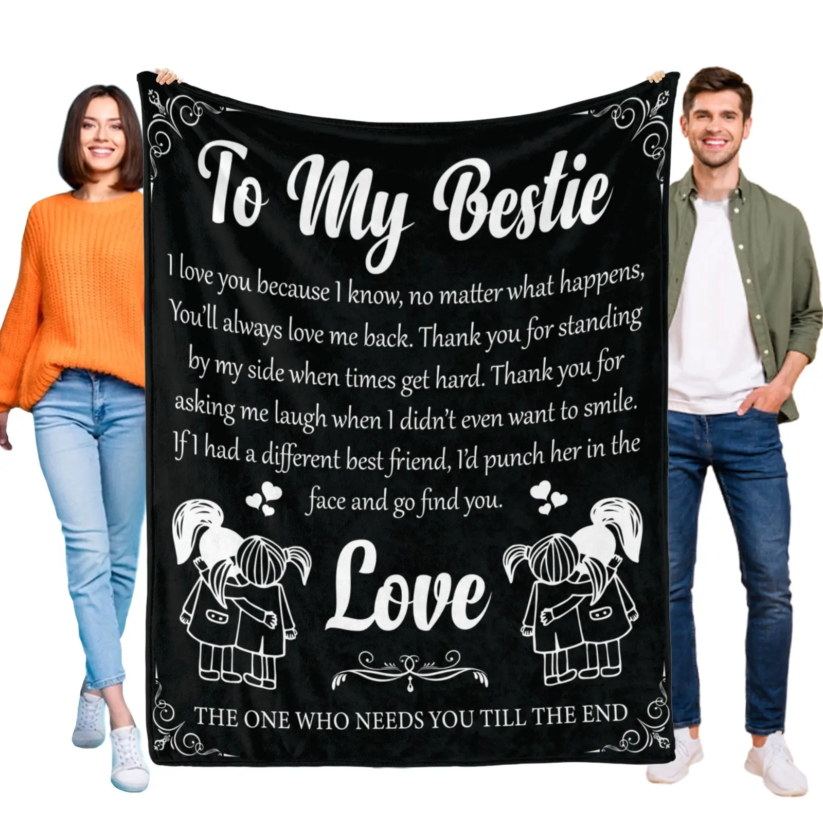 To My Bestie Friendship Blanket, Birthday Gift for Best Friend, Soft Flannel Throw Blanket with Heartwarming Quotes & Bestie Silhouette, Perfect for Home Decor
