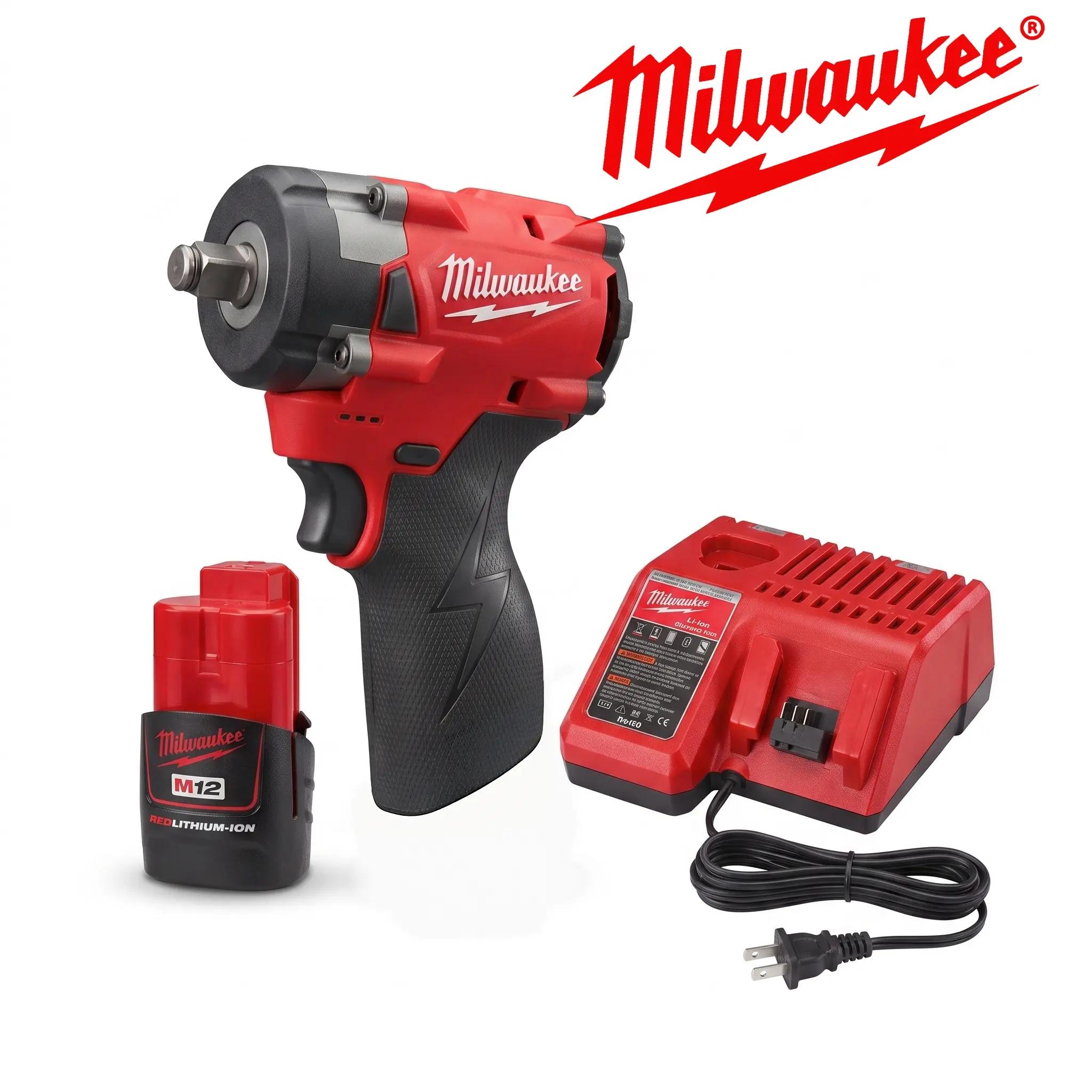 Milwaukee Cordless M12 Stubby Compact Impact Wrench - 1/2-in Square Drive Tool Set with M12 Redlithium Battery & Matching Charger, for Mechanics’ Tight Spaces Fastening, Automotive Maintenance, Hard Storage Tripod Mount Compatible