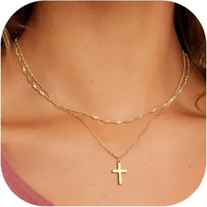 Layered Cross Necklace for Women,14K Gold Plated/Sterling Silver Plated Choker Necklaces for Women Stack Simple Cross Pendant Necklaces Jewelry for Women Trendy