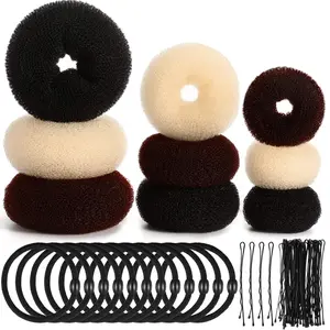 9 Pieces Donut Hair Bun Maker Shaper Foam Sponge Doughnut Bun Ring Style Set with 12 Pieces Hair Elastic Bands Ties and 32 Pieces Bobby Pins for Women(Black, Brown, Beige)