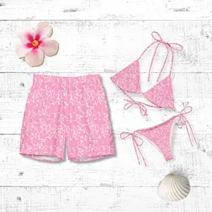 Romantic Floral Couples Swimwear - His & Hers Tropical Beach Honeymoon Matching Bathing Suits. Pink Swimwear