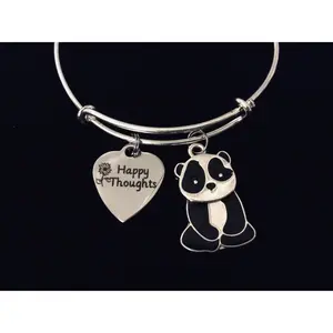 Happy Thoughts Panda Jewelry Expandable Charm Bracelet Silver Adjustable Bangle One Size Fits All Gift