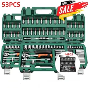 46/53pcs 1/4 Inch Drive Socket Ratchet Wrench Set, With Bit Socket Set Metric And Extension Bar For Auto Repairing And Household, With Storage Case,Gift for Man,Husband,Springtok Tool Box Hardware